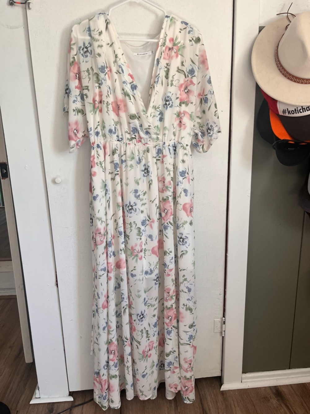 Floral Maxi Dress in Cream with Pink & Blue Blooms